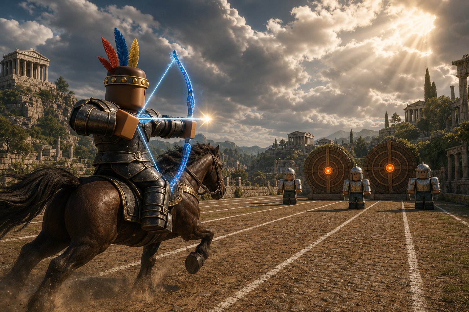 Roblox rider in dark plate armor and a red, blue, and yellow plumed helmet, galloping down a dirt track with white lane lines, aiming a glowing blue bow at armored dummies and wooden targets standing in the lanes.